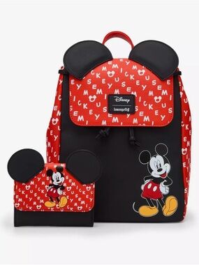 Loungefly Disney Mickey Mouse Ears Slouch Mini Backpack & Wallet Set